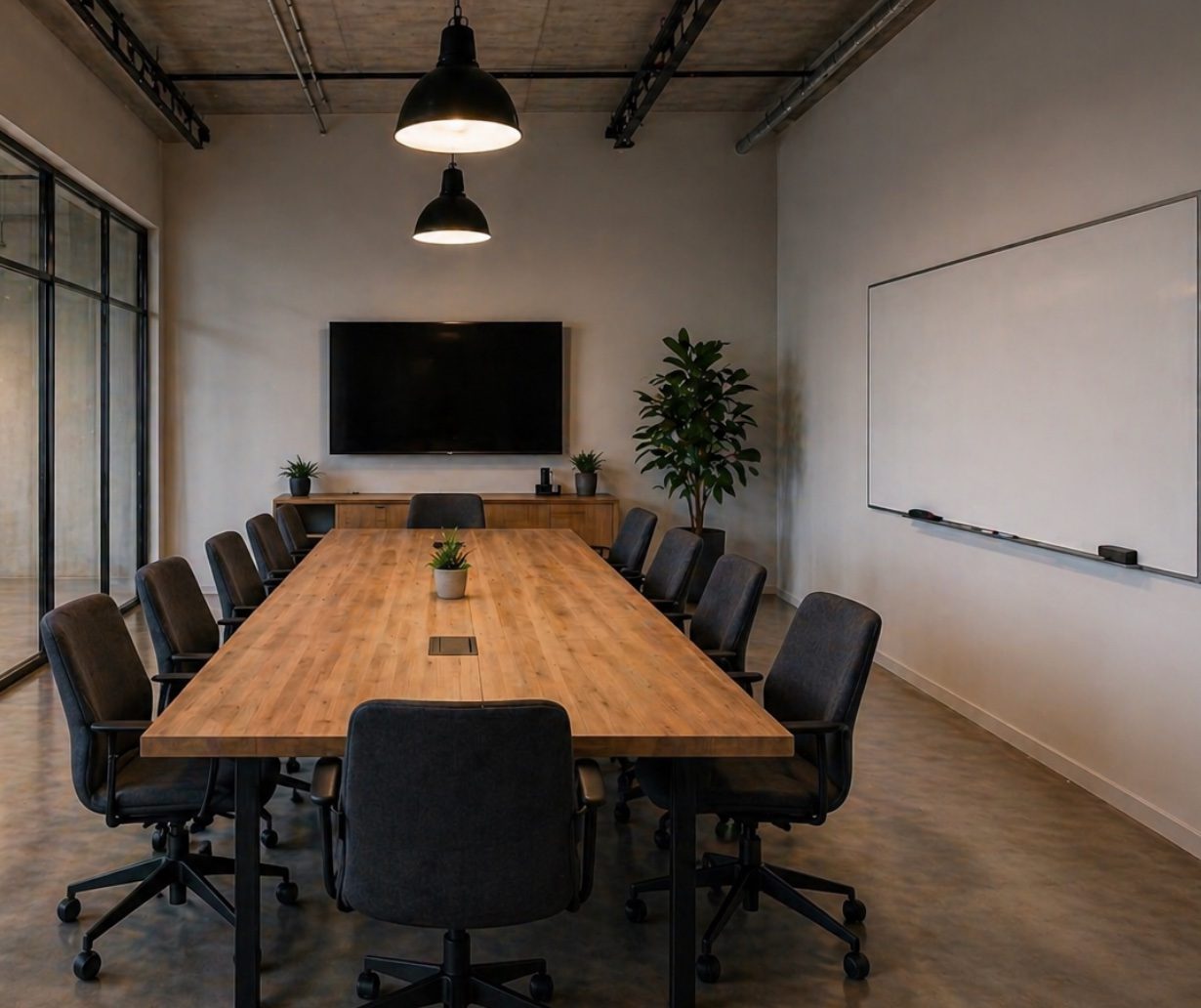 Gruppenraum mit Konferenztisch, Whiteboard und Bildschirm