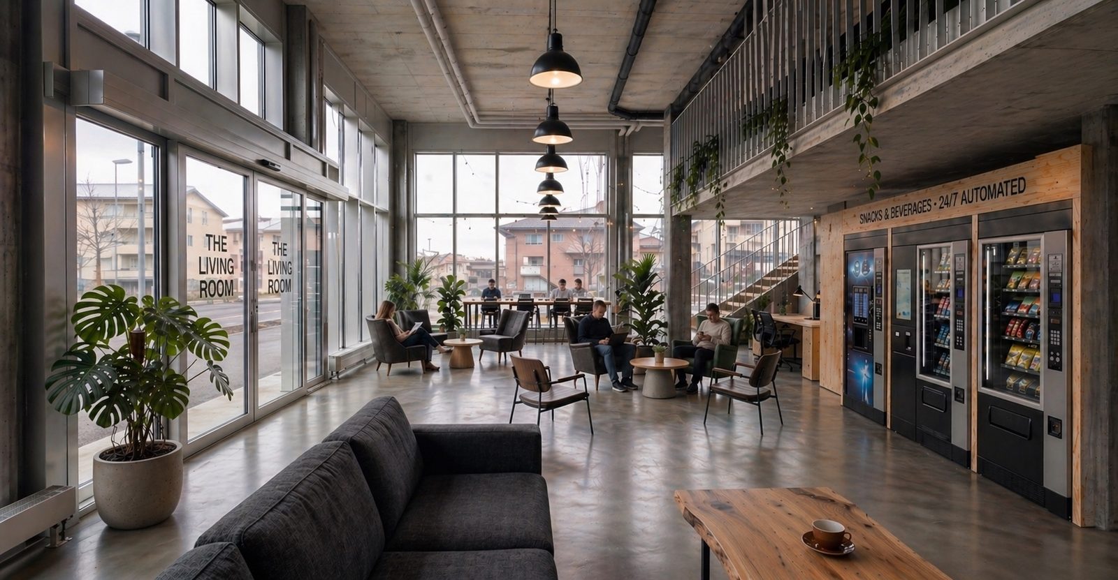 The Livingroom Eingangsbereich mit Lounge, Snackautomaten und Pflanzen