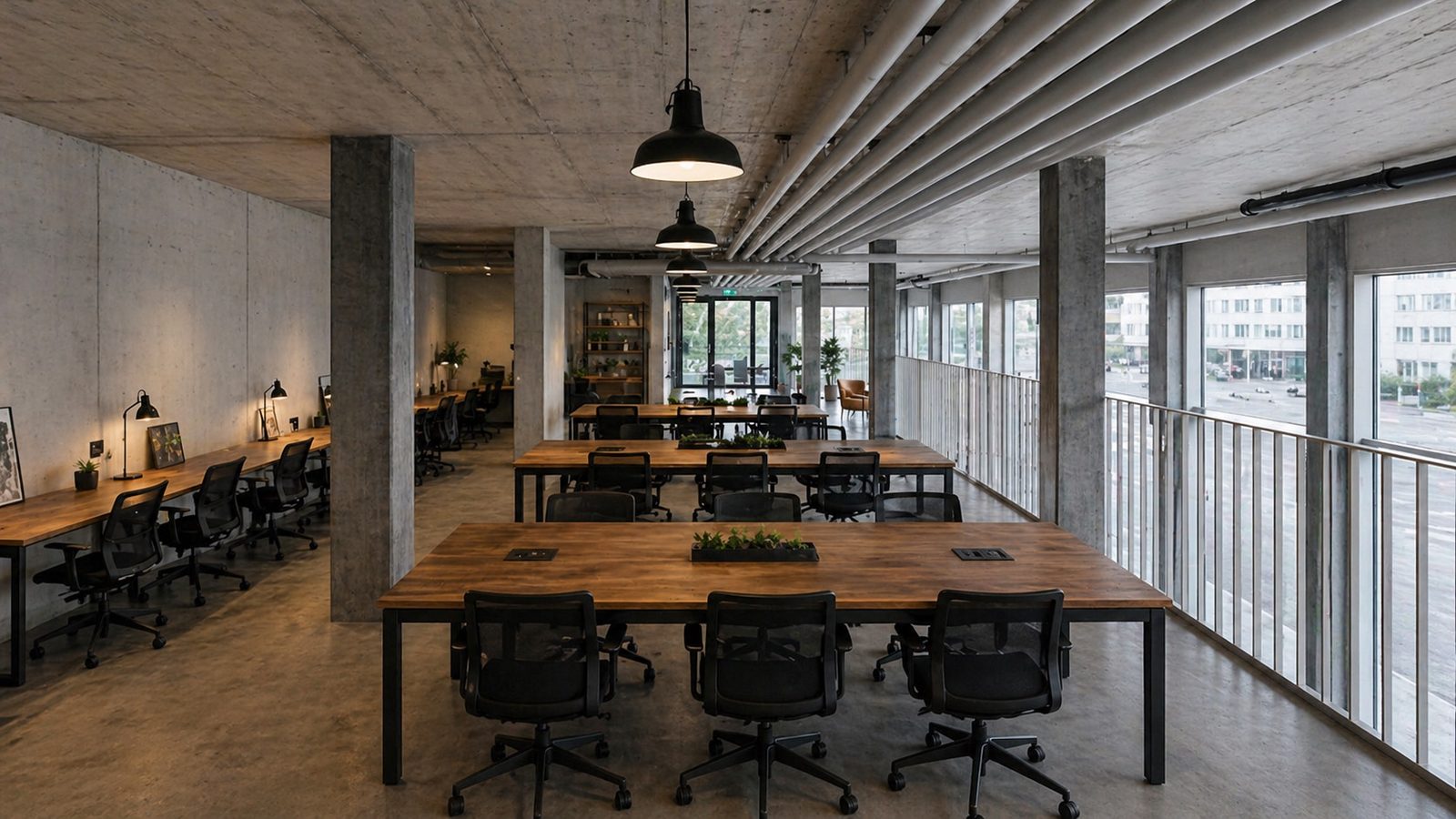 Obere Etage mit Schreibtischen, ergonomischen Stühlen und Tageslicht